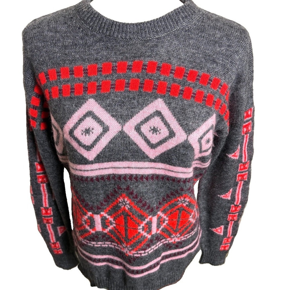 J Crew Wool Mohair Fair Isle Geometric Sweater Womens Medium Gray Pink Classic